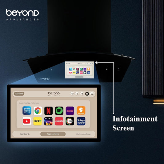 Beyond Appliances Asteria 60cm Auto Clean Kitchen Chimney | 1408 CMH Suction | Filterless | Curved Glass | Smart Screen & Speakers | Touch Control | Black Finish Kitchen Etto