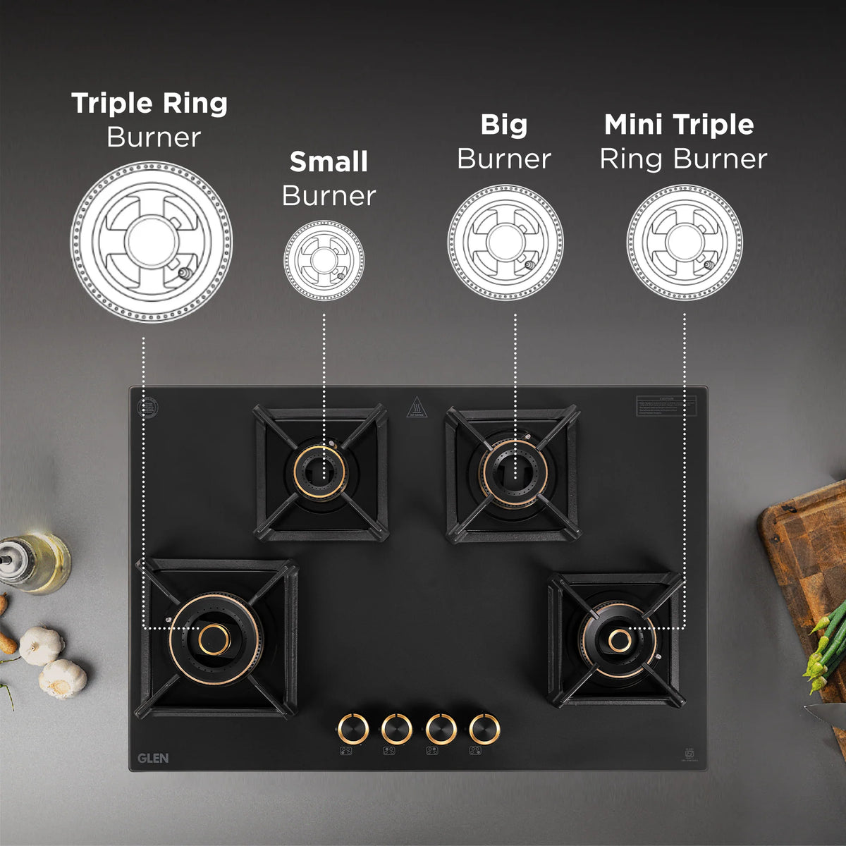 Glen 4 Burner DFVS Matt Glass Hob with 2 Triple Ring Total Brass Burners Auto Ignition – BH1074DFTHT2TRMG