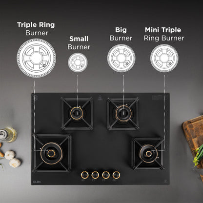 Glen 4 Burner DFVS Matt Glass Hob with 2 Triple Ring Total Brass Burners Auto Ignition – BH1074DFTHT2TRMG