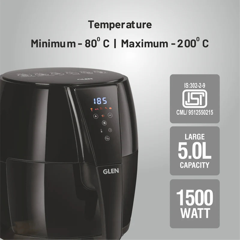 Glen Air Fryer, 5.0 Litre Digital Controls, 6 Pre Set Menu Timer, Temperature Control, 1500W -Black (SA3041DIGI)