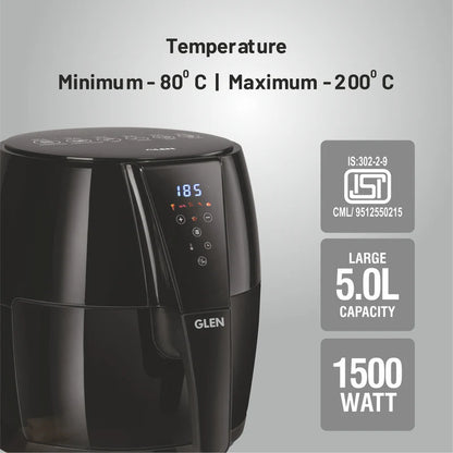 Glen Air Fryer, 5.0 Litre Digital Controls, 6 Pre Set Menu Timer, Temperature Control, 1500W -Black (SA3041DIGI)