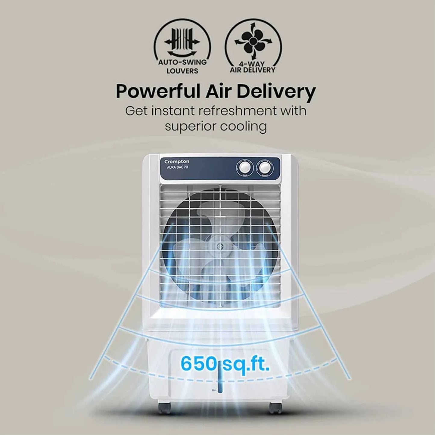 Crompton Aura 70 Litres Desert Air Cooler with Everlast Pump (Collasible Louvers, Indian Ink & While)
