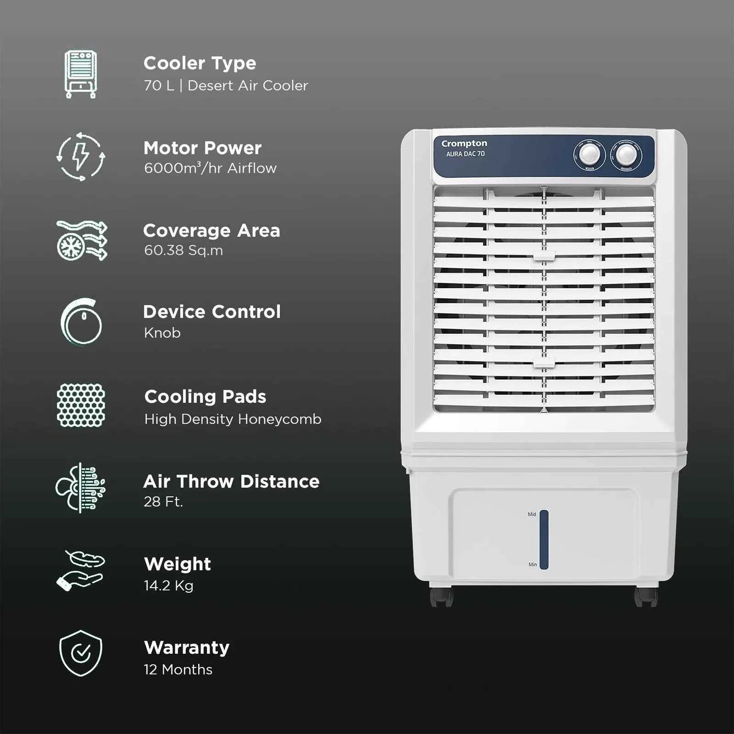 Crompton Aura 70 Litres Desert Air Cooler with Everlast Pump (Collasible Louvers, Indian Ink & While)