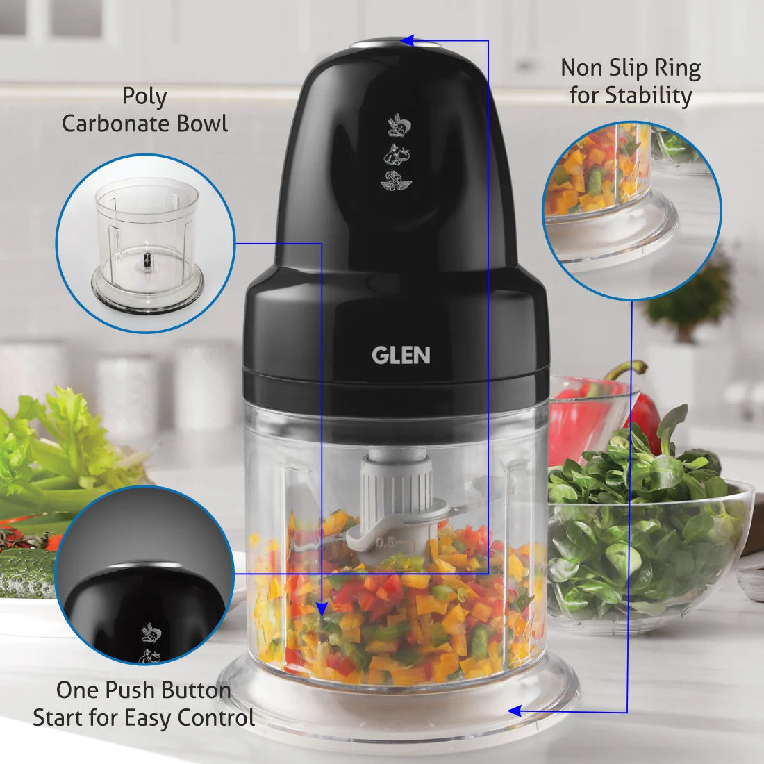 Glen Electric Vegetable Chopper, 2 Stainless Steel Blade, Whisking Disc 0.6 Litres Bowl, 250W - Black (4043 Turbo)