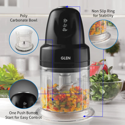 Glen Electric Vegetable Chopper, 2 Stainless Steel Blade, Whisking Disc 0.6 Litres Bowl, 250W - Black (4043 Turbo)