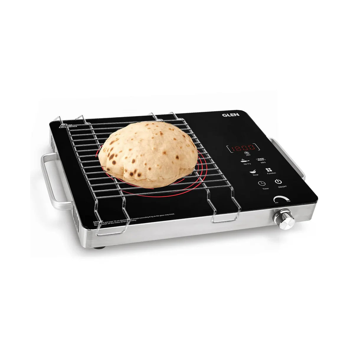 Induction cooktop with a Roti on a white background, featuring the Kitchen Etto Logo