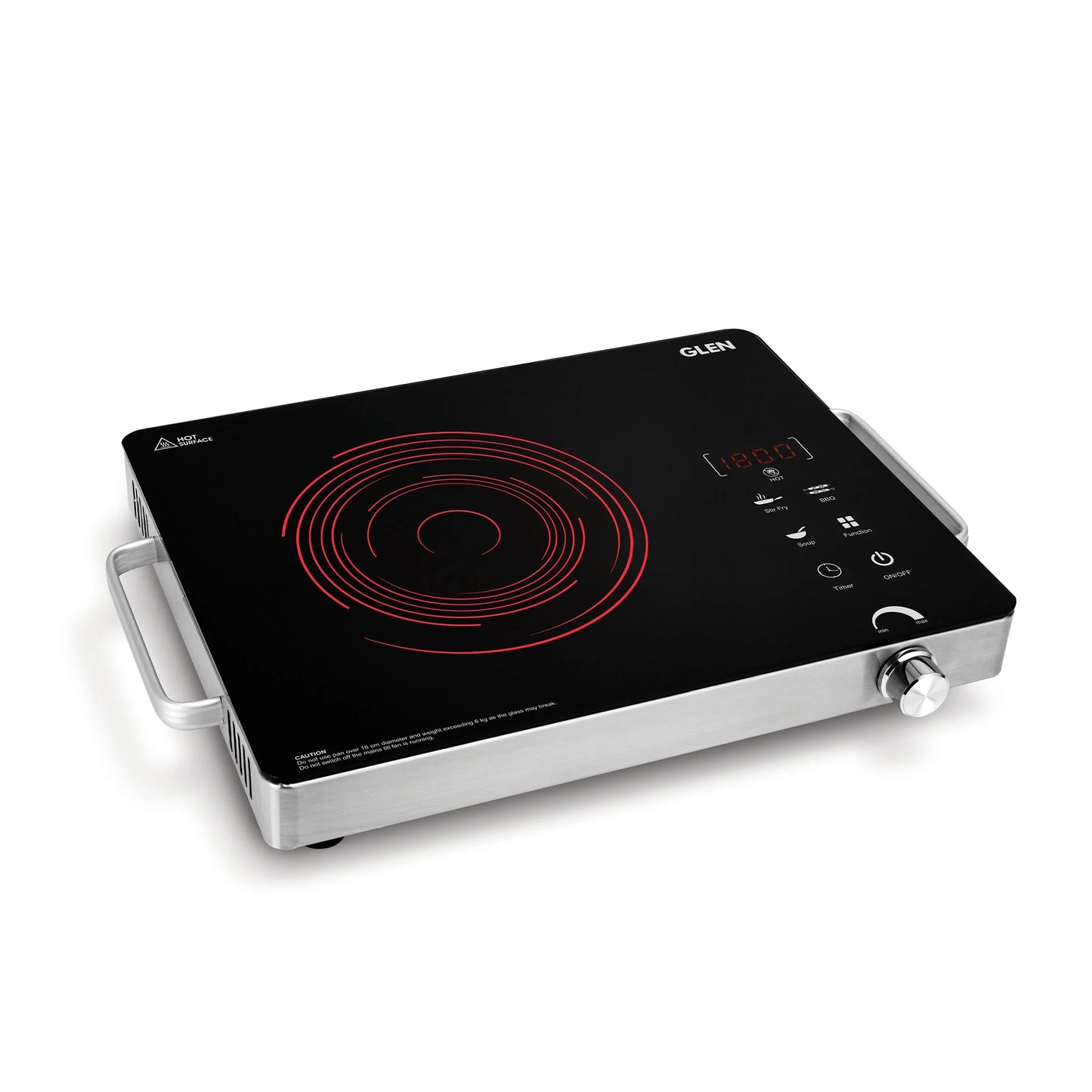 Induction cooktop with digital display and control panel on a white background