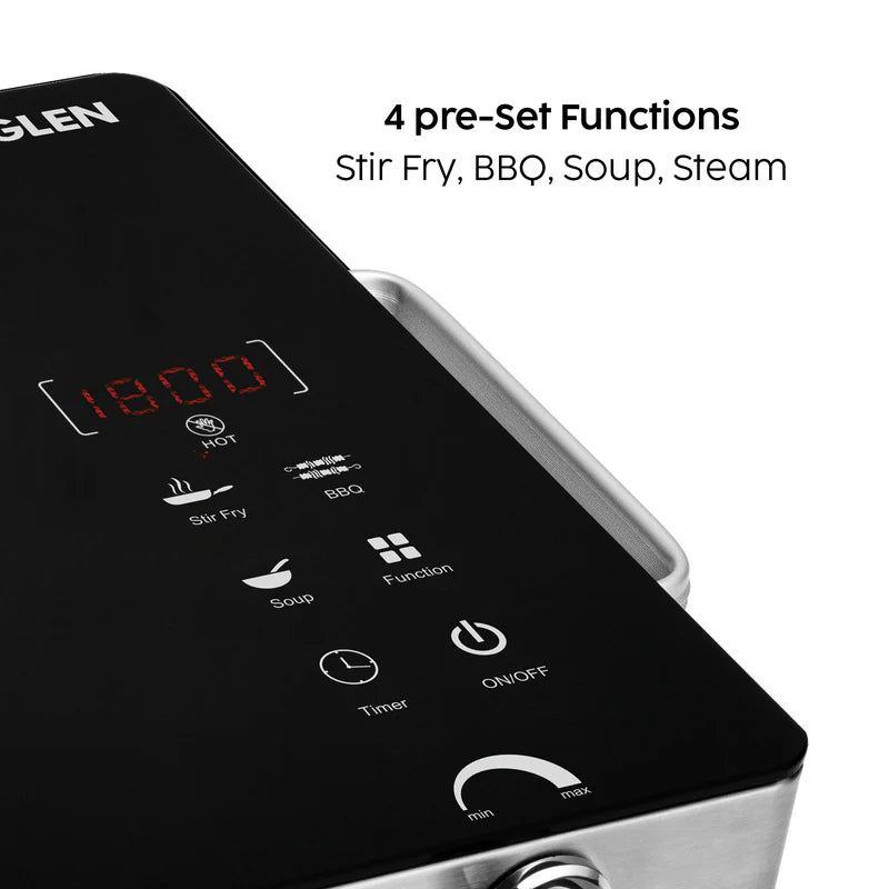 Black electric stove top with control panel displaying pre-set functions on a white background