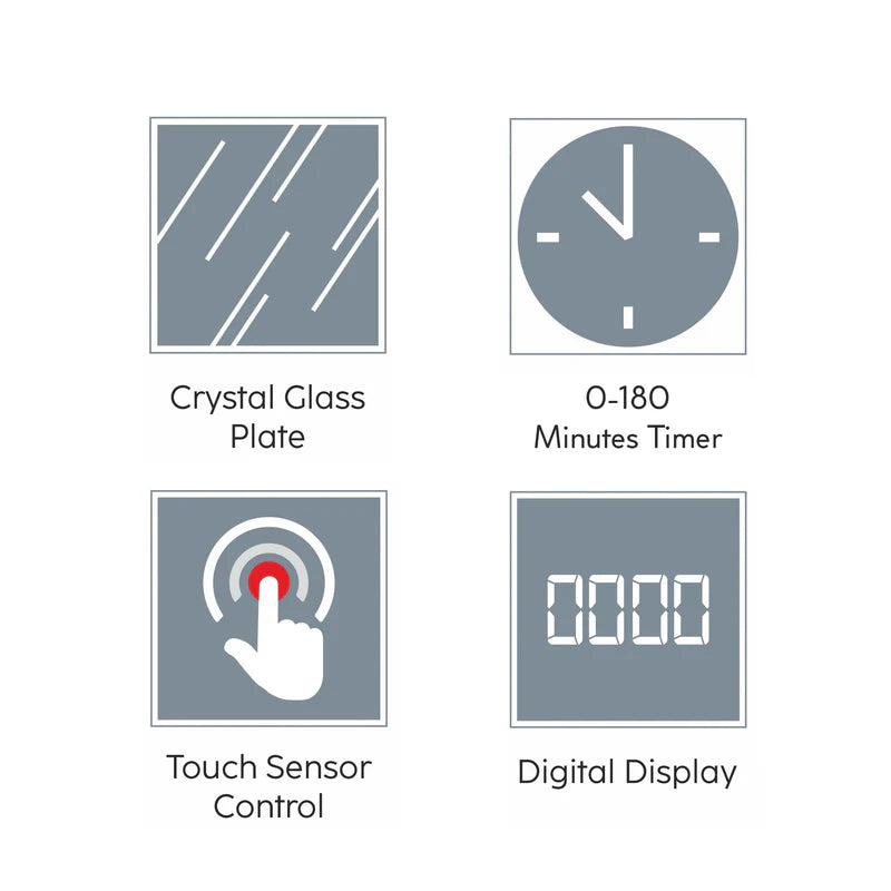 Icons representing crystal glass plate, timer, touch sensor control, and digital display on a white background.