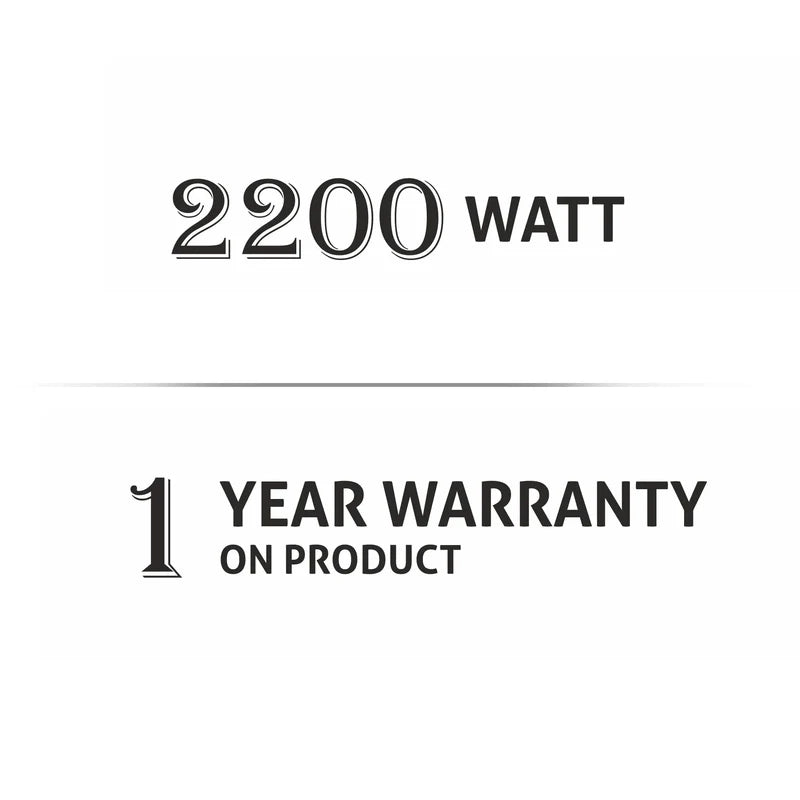 Text indicating 2200 watts and a one-year warranty on product.