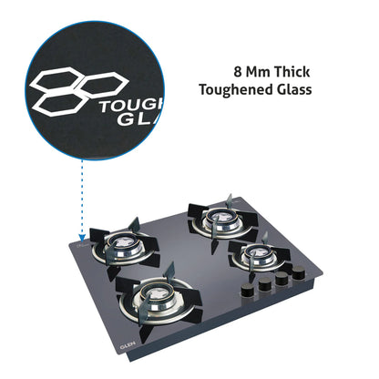 4 Burner Glass Hob Top with Double Ring Forged Brass Burner Auto Ignition (1064 RO HT DB)