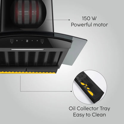 Auto Clean Curved Glass Filter less Kitchen Chimney, Motion Sensor control with Digital Display 60/76/90cm, 1200 m3/h (6058 DI BL AC)