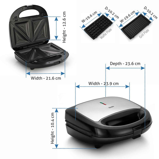 Electric Multi Snack Maker with 3 sets of Sandwich, Grill & Waffle Non-Stick Plates, 750w - Black (3022 MSM)