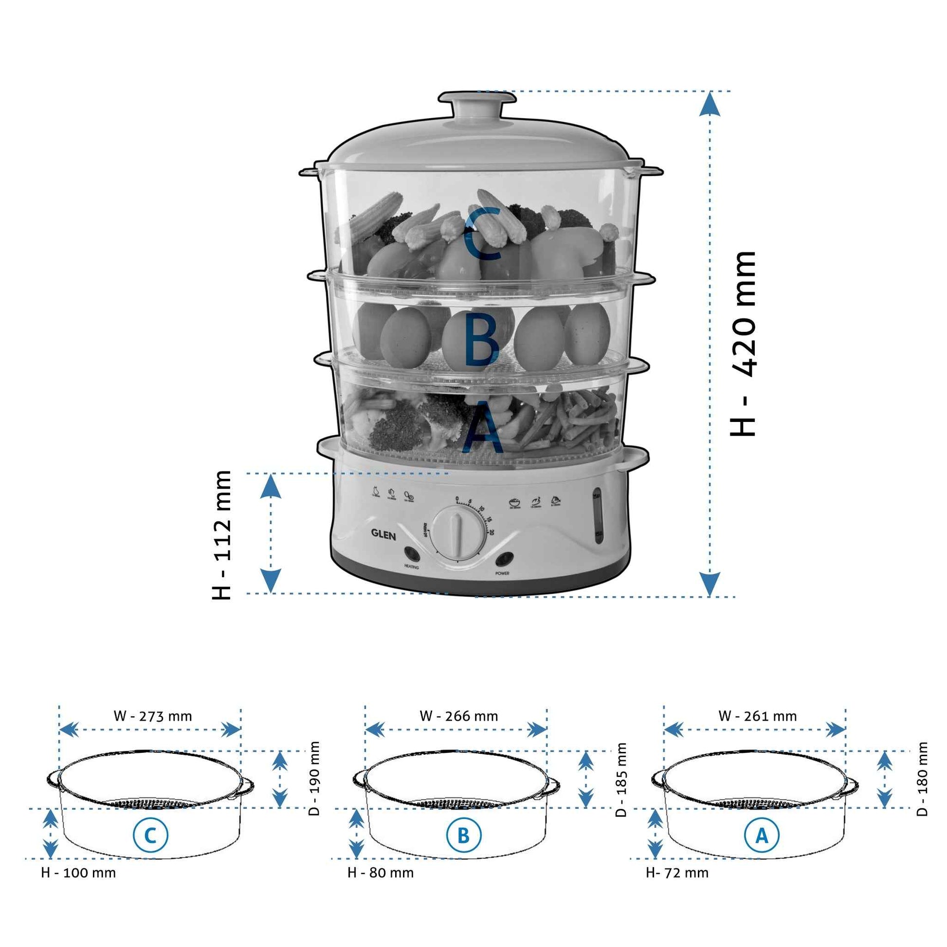 Electric Food Steamer 900w with 60 minute Timer, 3 Food Grade Containers - white (3052)
