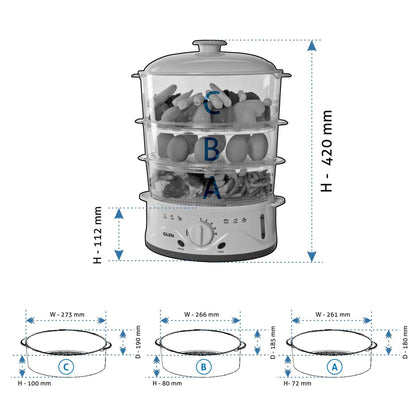 Electric Food Steamer 900w with 60 minute Timer, 3 Food Grade Containers - white (3052)