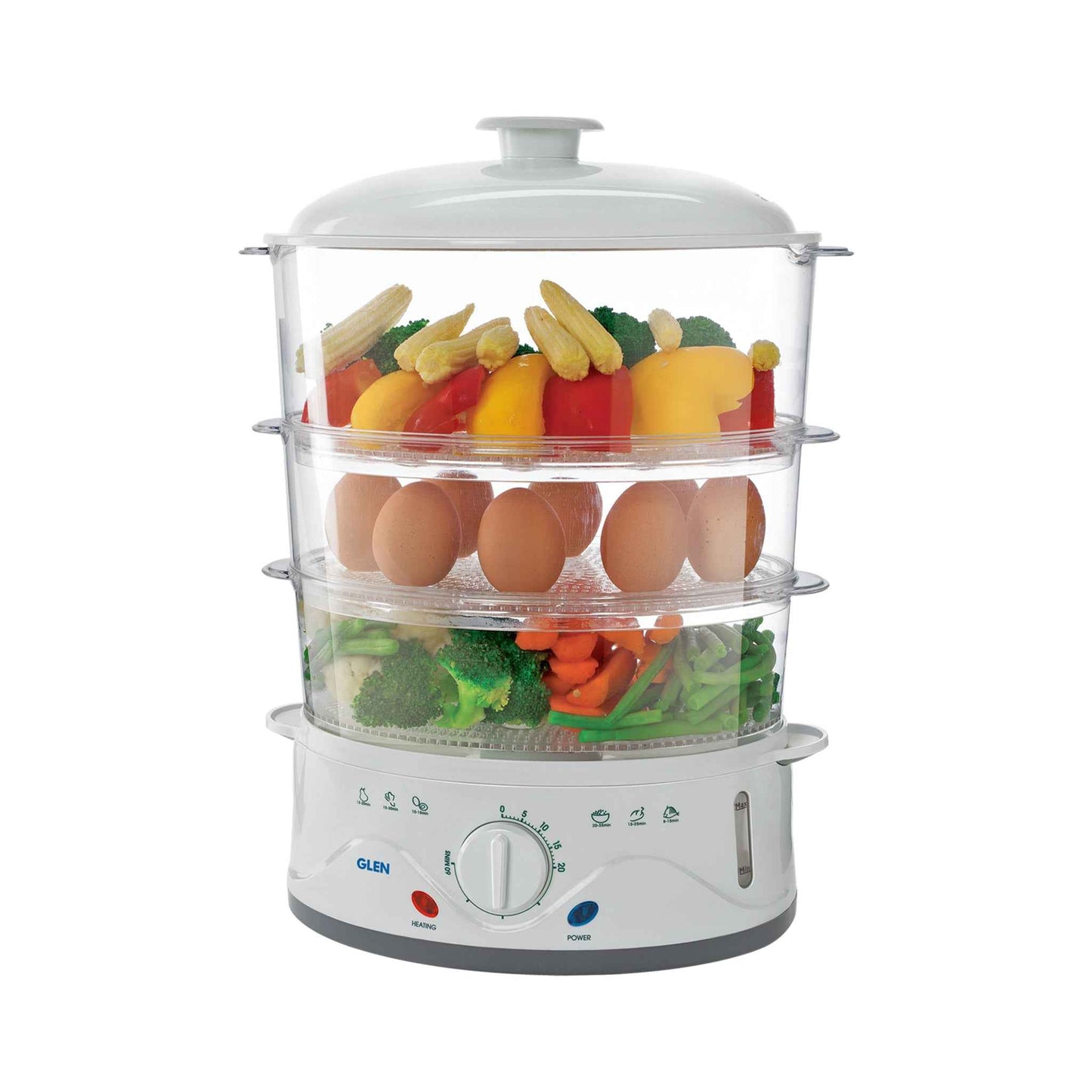 Electric Food Steamer 900w with 60 minute Timer, 3 Food Grade Containers - white (3052)