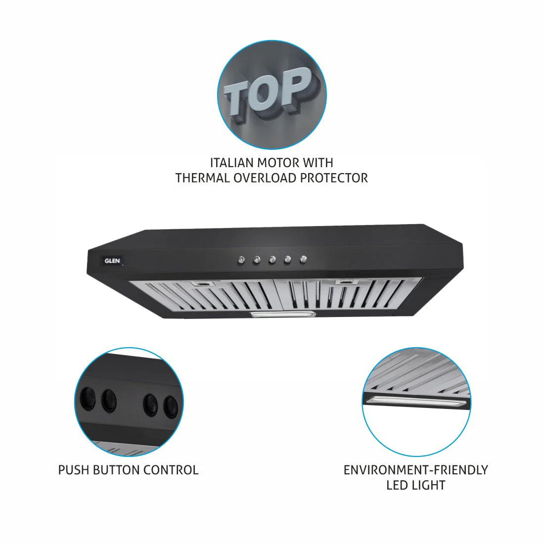 Glen Straight Line Kitchen Chimney with Push Button Baffle filters 60cm 1000 m3/h -Black (6000 DX BL)