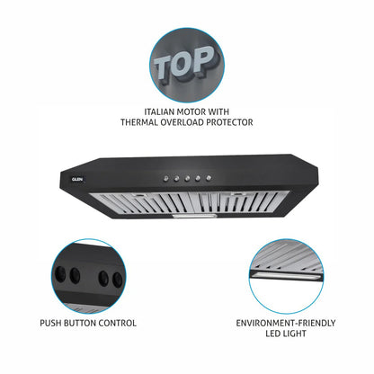 Glen Straight Line Kitchen Chimney with Push Button Baffle filters 60cm 1000 m3/h -Black (6000 DX BL)