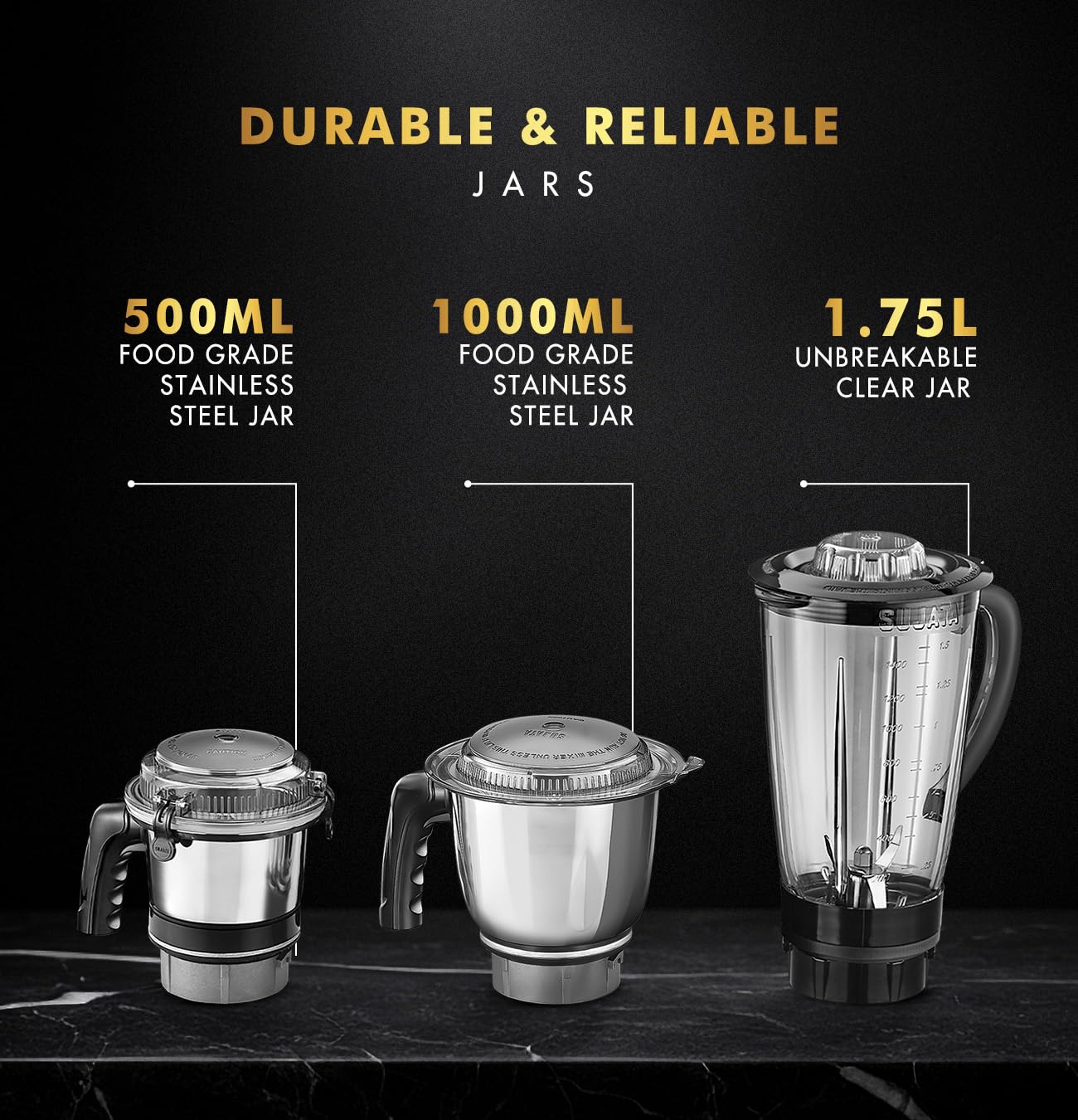 Sujata MG 01 Mixer Grinder|1000 Watts Double Ball Bearing Motor|24000 RPM| Non-Stop 90 Mins Running|3 Jars including 1750ml Blender, 1000ml Grinder, 500ml Chutney Jar| (Black)