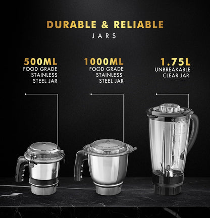 Sujata MG 01 Mixer Grinder|1000 Watts Double Ball Bearing Motor|24000 RPM| Non-Stop 90 Mins Running|3 Jars including 1750ml Blender, 1000ml Grinder, 500ml Chutney Jar| (Black)