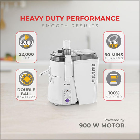 Sujata Powermatic Plus Juicer Mixer Grinder|900 Watts Double Ball Bearing Motor|22000 RPM|Non-Stop 90 Mins Running|2 Jars including 1750ml Blender, 1000ml Grinder Jar| (White)