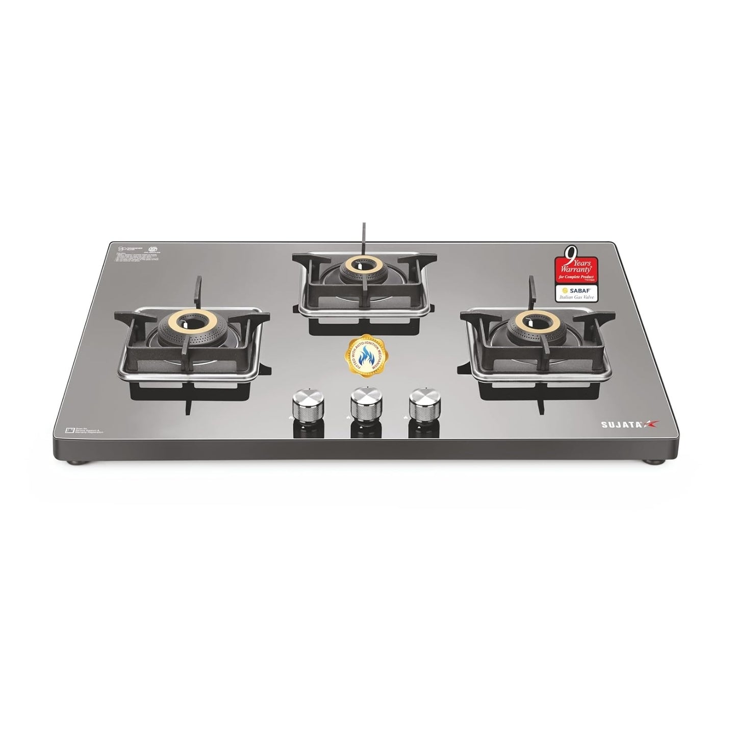 Sujata Premium 3 Burner Gas Stove | Auto Ignition | 8mm Glass Top | 9 Yr Warranty