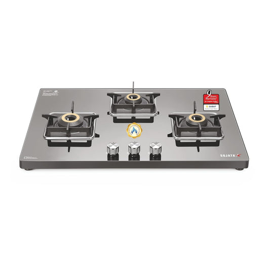 Sujata Premium 3 Burner Gas Stove | Auto Ignition | 8mm Glass Top | 9 Yr Warranty