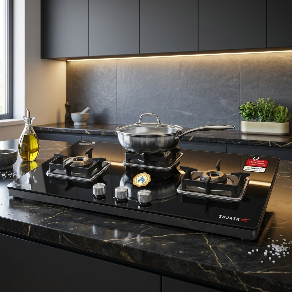 Sujata Premium 3 Burner Gas Stove | Auto Ignition | 8mm Glass Top | 9 Yr Warranty