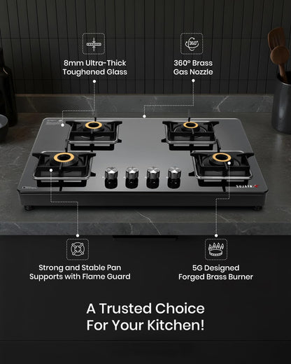 Sujata 4 Burner Gas Stove Glass Top | 9 Years Warranty | Premium Gas Stove with Jumbo Brass Burners | SABAF Technology | ISI Certified | LPG & PNG Compatible | 360° Rotating Brass Nozzle (Black)