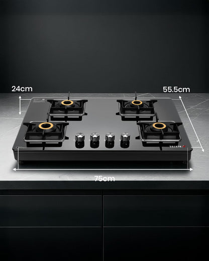 Sujata 4 Burner Gas Stove Glass Top | 9 Years Warranty | Premium Gas Stove with Jumbo Brass Burners | SABAF Technology | ISI Certified | LPG & PNG Compatible | 360° Rotating Brass Nozzle (Black)