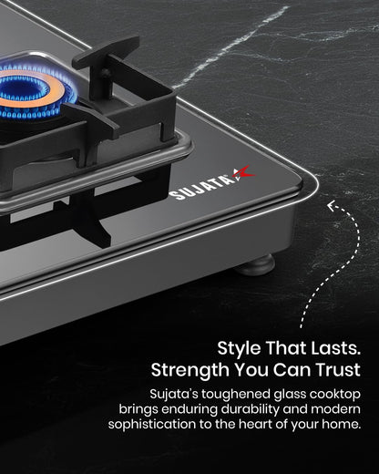 Sujata 4 Burner Gas Stove Glass Top | 9 Years Warranty | Premium Gas Stove with Jumbo Brass Burners | SABAF Technology | ISI Certified | LPG & PNG Compatible | 360° Rotating Brass Nozzle (Black)