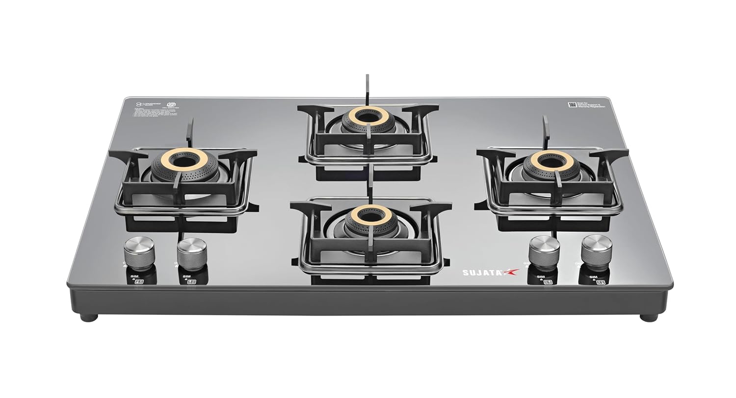 Sujata Sujata 4 Burner Gas Stove Glass Top | 9 Years Warranty | Premium Gas Stove with Jumbo Brass Burners | SABAF Technol...