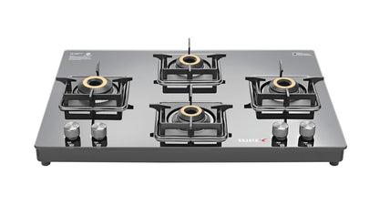 Sujata 4 Burner Gas Stove Glass Top | 9 Years Warranty | Premium Gas Stove with Jumbo Brass Burners | SABAF Technology | ISI Certified | LPG & PNG Compatible | 360° Rotating Brass Nozzle (Black)