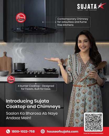 Sujata 4 Burner Gas Stove Glass Top | 9 Years Warranty | Premium Gas Stove with Jumbo Brass Burners | SABAF Technology | ISI Certified | LPG & PNG Compatible | 360° Rotating Brass Nozzle (Black)