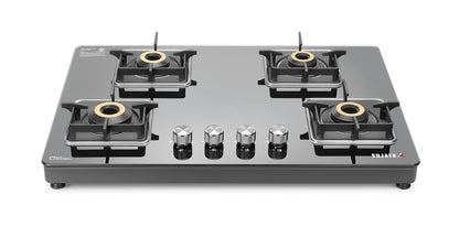Sujata 4 Burner Gas Stove Glass Top | 9 Years Warranty | Premium Gas Stove with Jumbo Brass Burners | SABAF Technology | ISI Certified | LPG & PNG Compatible | 360° Rotating Brass Nozzle (Black)