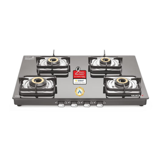 Sujata Premium 4 Burner Gas Stove | Auto Ignition | 8mm Glass Top | 9 Yr Warranty