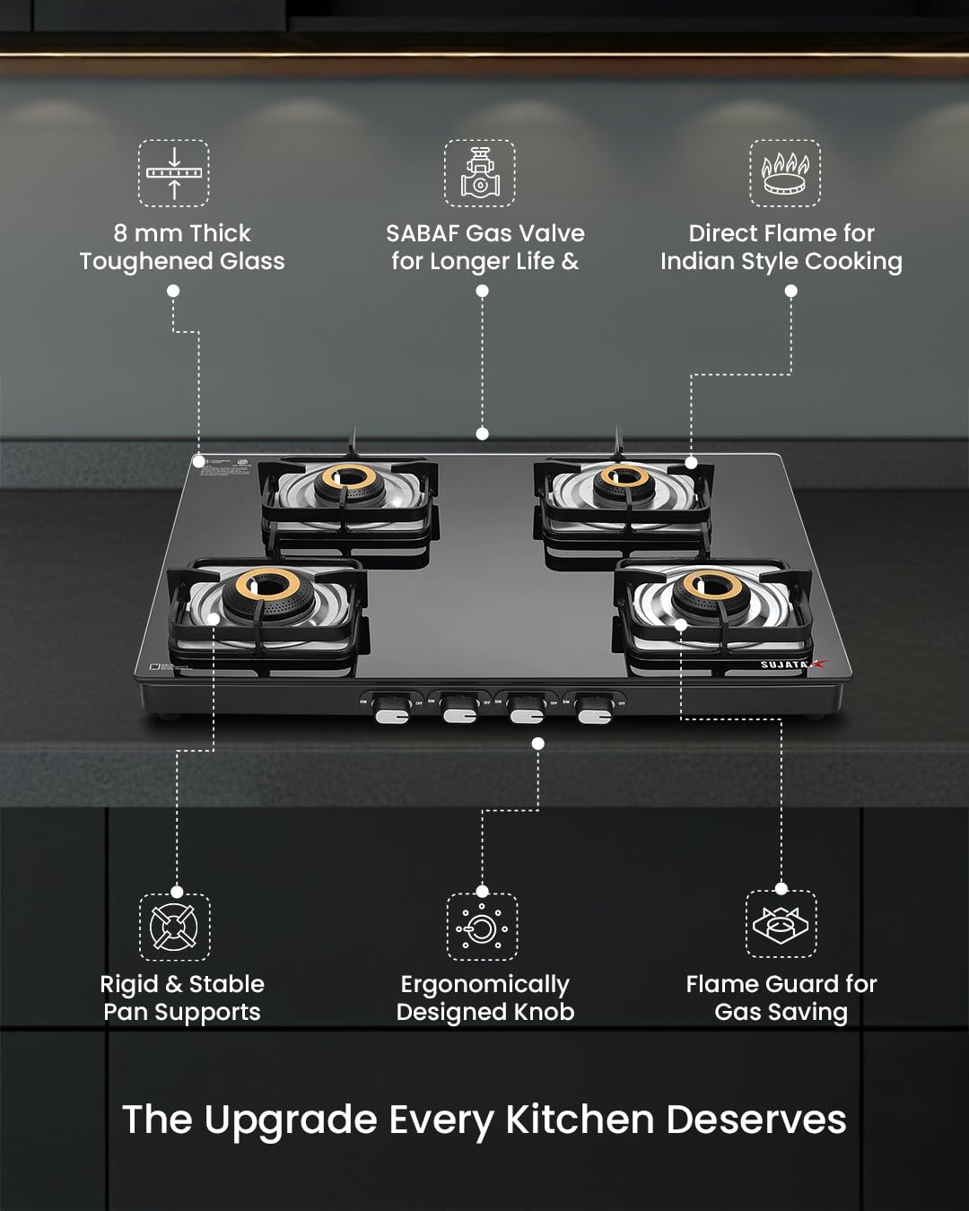 Sujata Sujata Classic Gas Stove | 9 Years Warranty | 4 Burner Stove | Gas Stove 4 Burners Glass Top, SABAF, ISI Certified,...