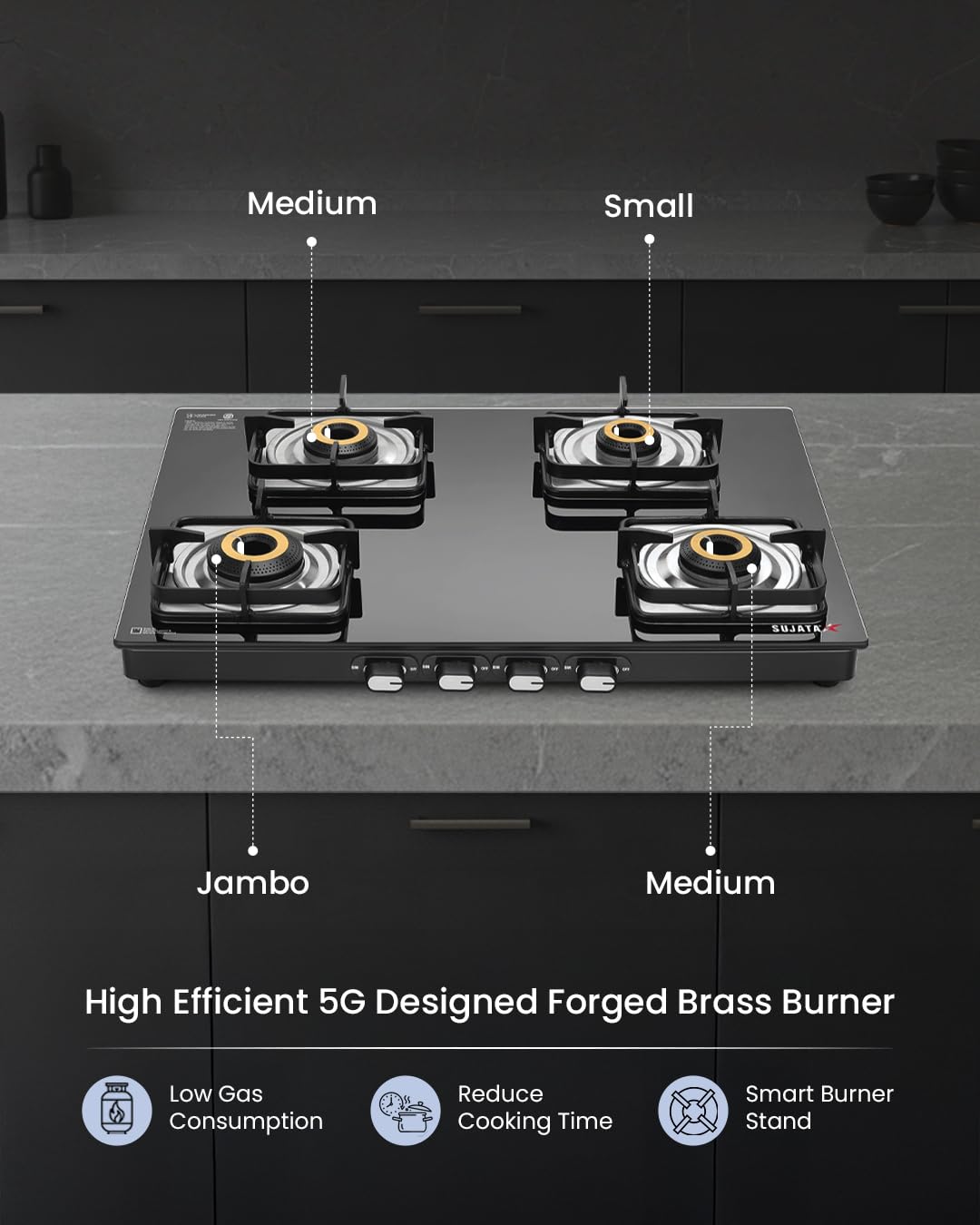 Sujata Sujata Classic Gas Stove | 9 Years Warranty | 4 Burner Stove | Gas Stove 4 Burners Glass Top, SABAF, ISI Certified,...