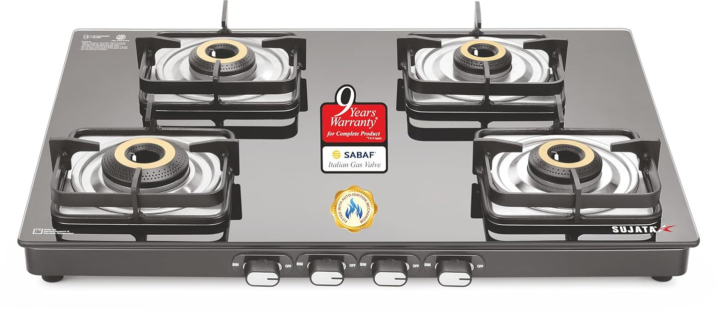Sujata Sujata Classic Gas Stove | 9 Years Warranty | 4 Burner Stove | Gas Stove 4 Burners Glass Top, SABAF, ISI Certified,...