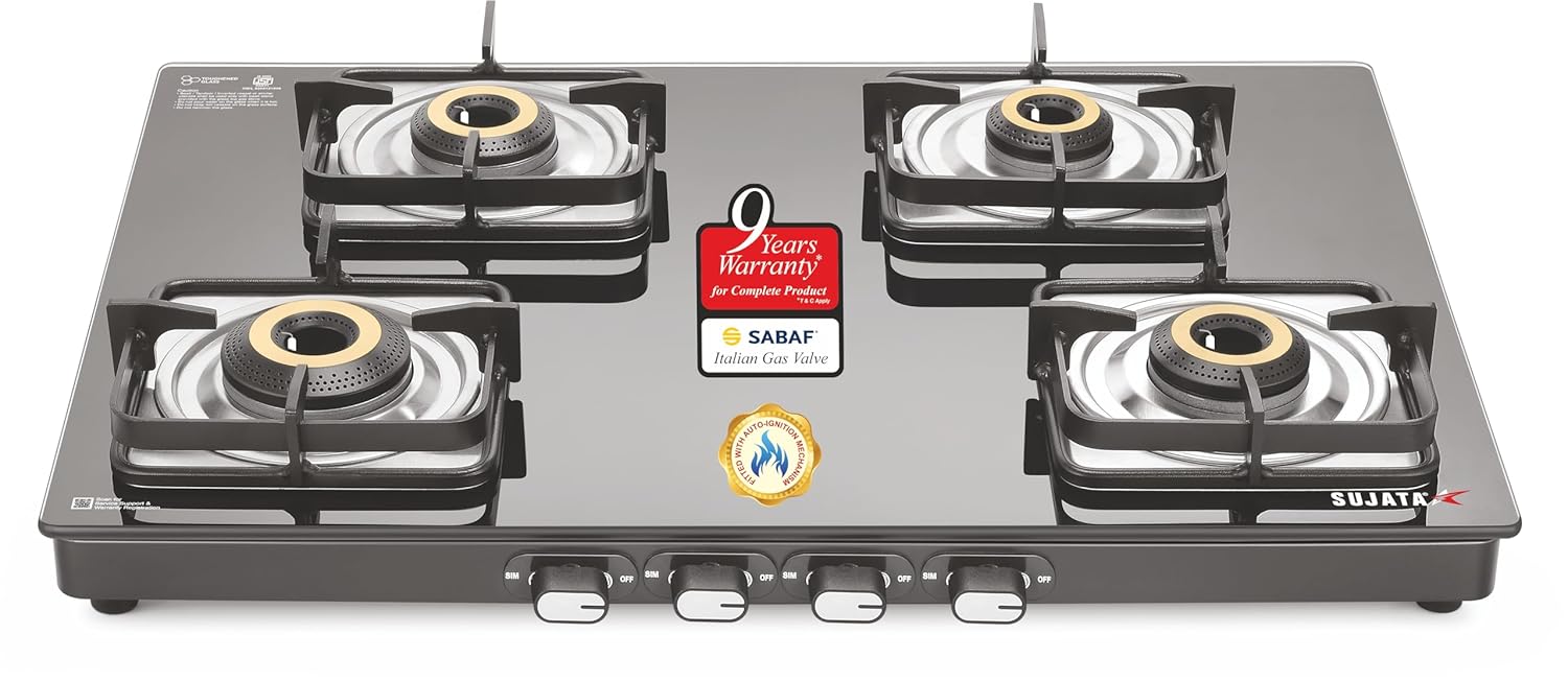 Sujata Sujata Classic Gas Stove | 9 Years Warranty | 4 Burner Stove | Gas Stove 4 Burners Glass Top, SABAF, ISI Certified,...