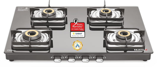 Sujata Classic Gas Stove | 9 Years Warranty | 4 Burner Stove | Gas Stove 4 Burners Glass Top, SABAF, ISI Certified, LPG & PNG Compatible, Jumbo Brass Burner (Black)