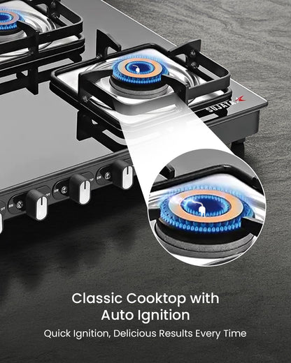 Sujata Classic Gas Stove | 9 Years Warranty | 4 Burner Stove | Gas Stove 4 Burners Glass Top, SABAF, ISI Certified, LPG & PNG Compatible, Jumbo Brass Burner (Black)