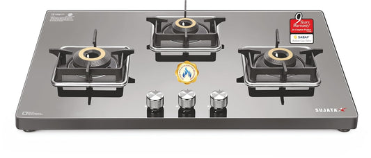 Sujata Premium Gas Stove Auto Ignition | 9 Years Warranty | Gas Stove 4 Burners Glass Top, SABAF, ISI Certified, LPG & PNG Compatible, 360° Rotating Brass Gas Nozzle, Jumbo Brass Burner (Black)
