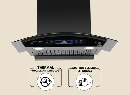 Hindware COSIMA BLDC 60CM 1600CMH; ENERGY EFFICENT MOTOR WITH MOTION SENSOR (YEAR 2025) Auto Clean Wall Mounted BLACK 1600 CMH Chimney