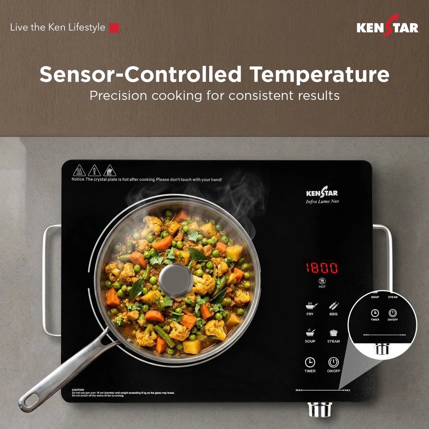 Kenstar 2200 W Infrared Induction Cooktop Touch Panel (Silver, Black, Infra Lumo Electric Stove Cooktop Energy Efficient Fast Heating Portable)