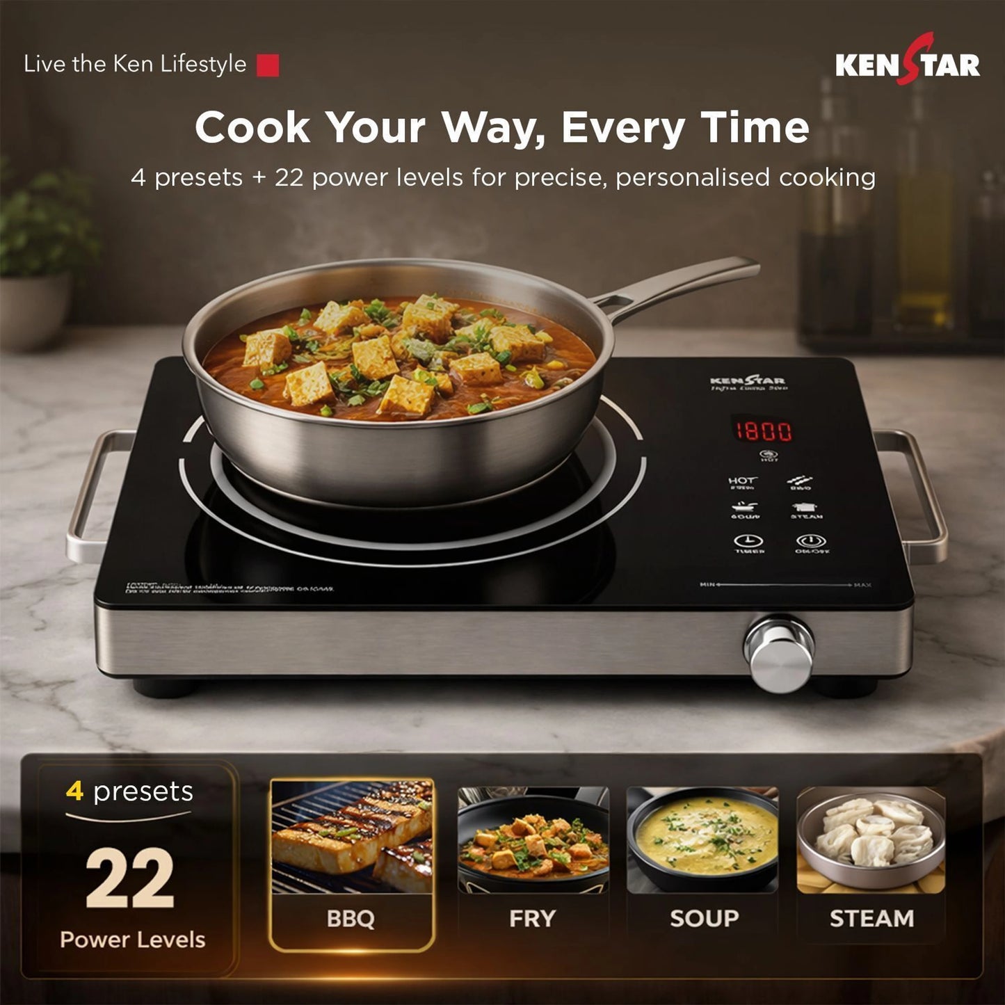 Kenstar 2200 W Infrared Induction Cooktop Touch Panel (Silver, Black, Infra Lumo Electric Stove Cooktop Energy Efficient Fast Heating Portable)