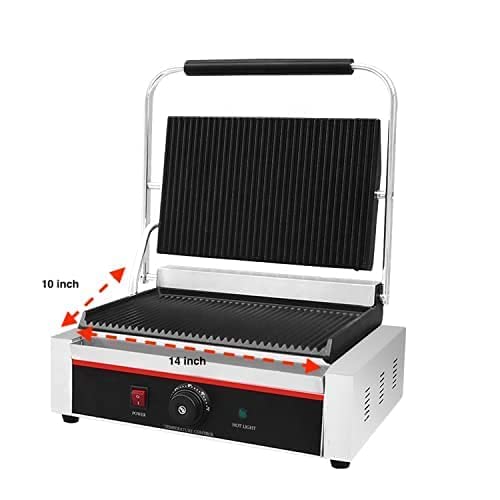 Panini press grill with dimensions labeled on a white background