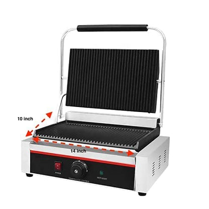 Panini press grill with dimensions labeled on a white background