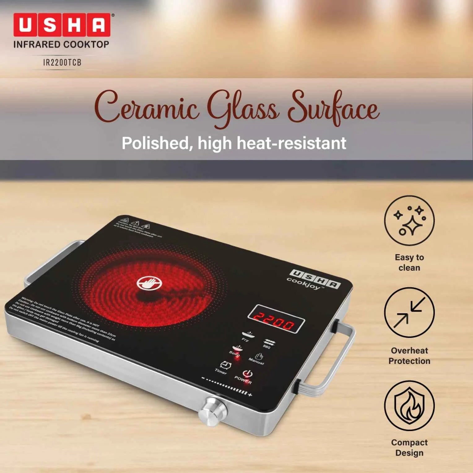 USHA 2200 W Infrared Cooktop Touch Panel (Black, IR2200TCB)