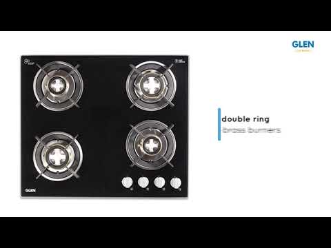 Glen 4 Burner Glass Hob Top with Double Ring Forged Brass Burner Auto Ignition (1064 RO HT DB)